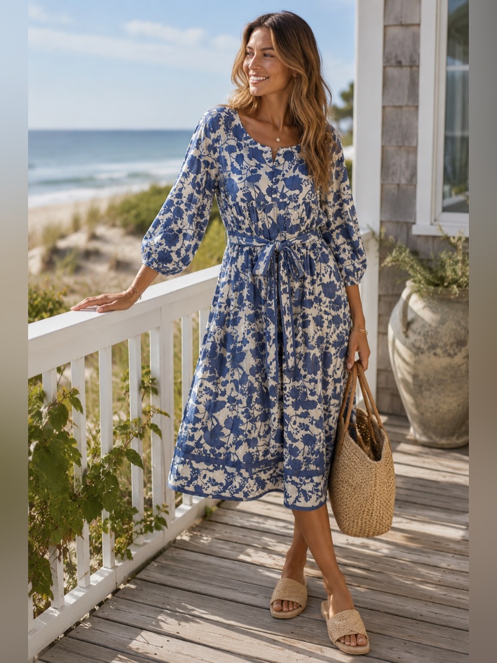 Studio Park Blue White Floral Boho Midi Dress XL Cottagecore Tie Waist Pockets